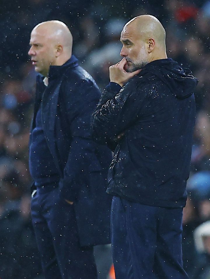 Pep Guardiola and Arne Slot looking dejected.