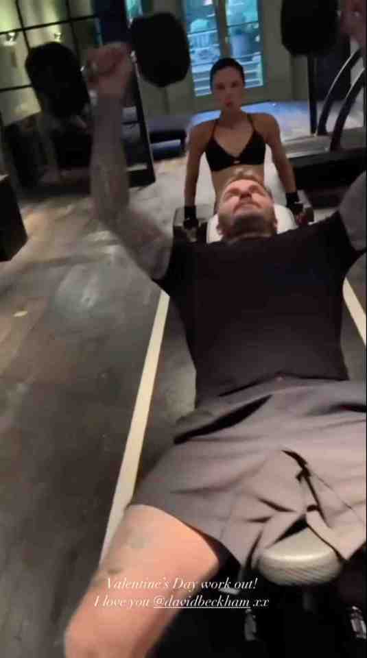 Victoria and David Beckham working out in a gym.