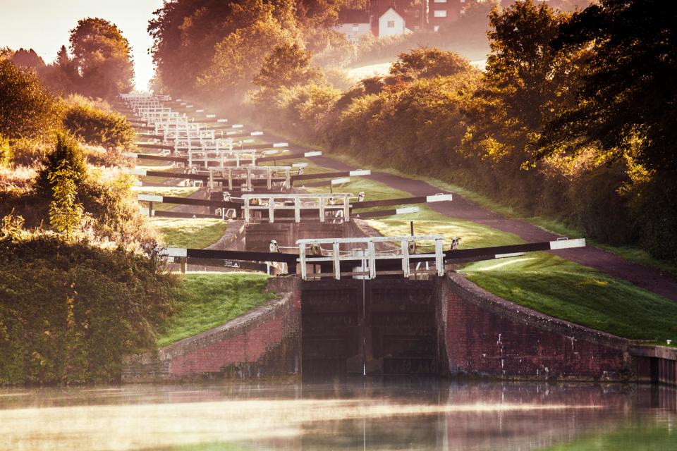 Misty morning at Caen Hill Locks on the Kennet and Avon Canal.