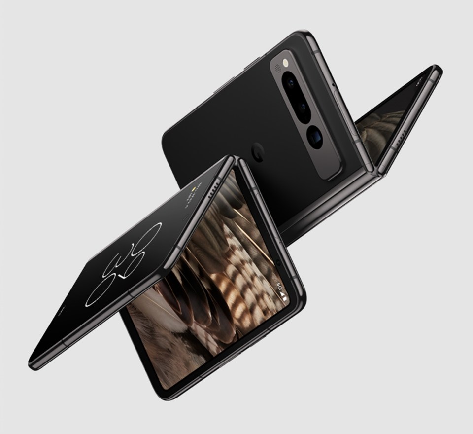 Folded and unfolded black smartphone.