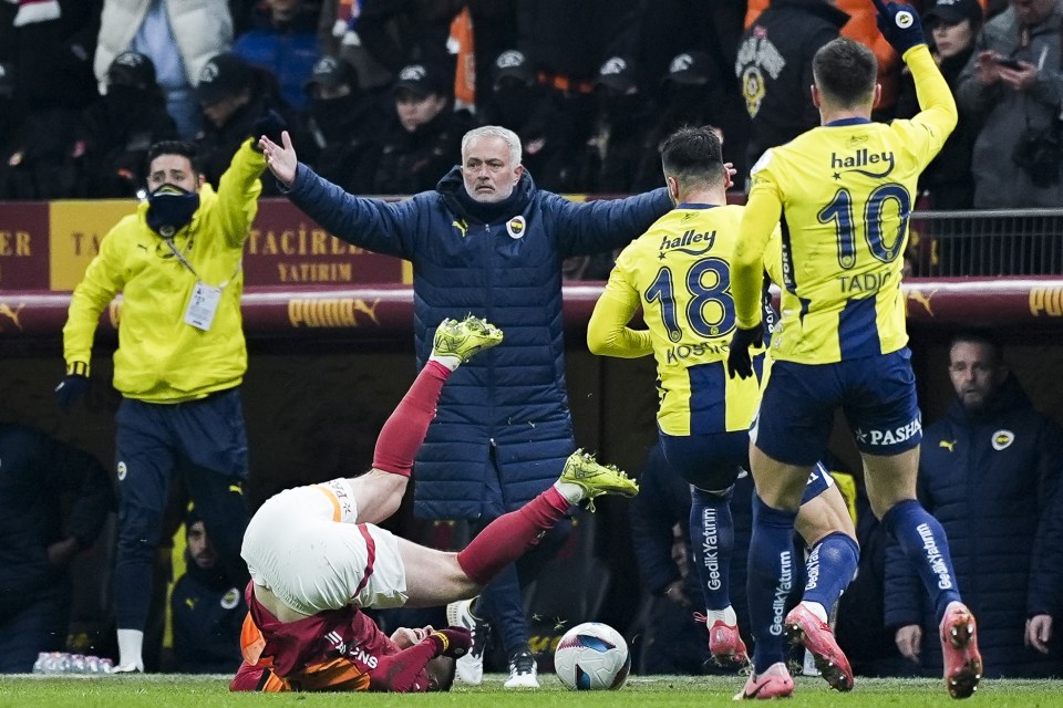 Jose Mourinho, Fenerbahce's head coach, reacting during a soccer match.