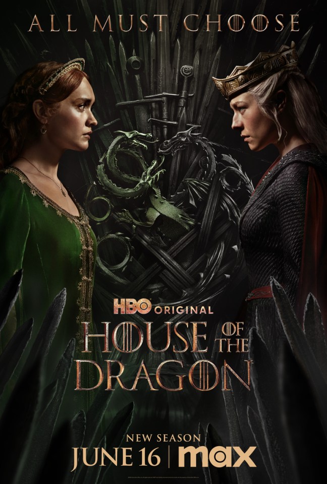House of the Dragon season 2 poster featuring two women facing each other before the Iron Throne.