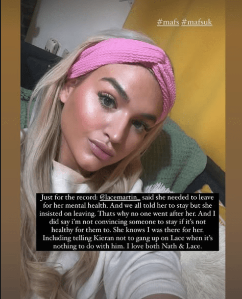 Close-up selfie of a person with blonde hair and a pink headband; text overlay explains a situation.