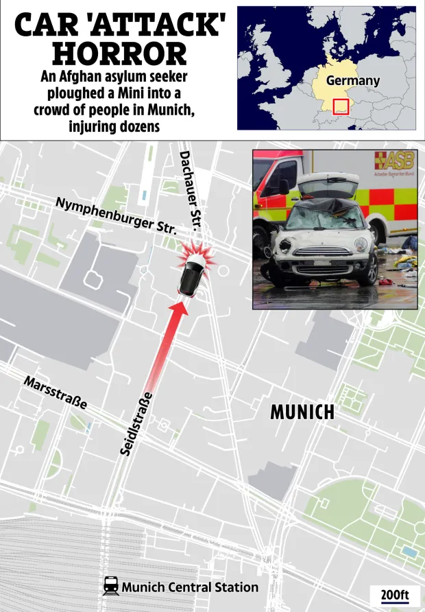 Map showing the route of a car attack in Munich, Germany, with an inset photo of the damaged vehicle.