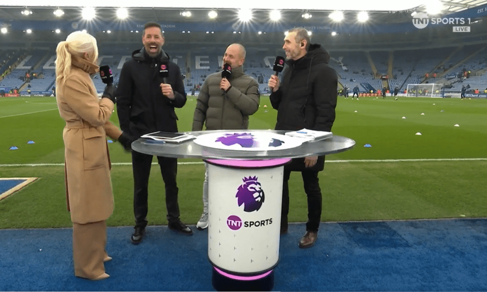 TNT Sports commentators at a soccer stadium.