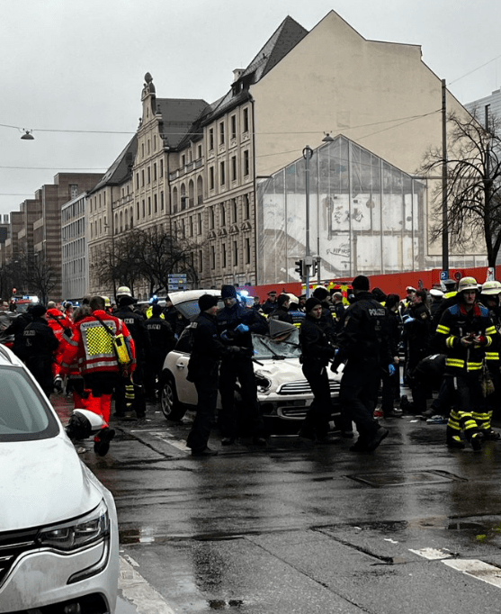 Emergency responders at a car accident scene.