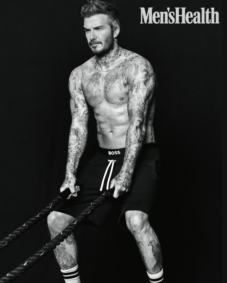 Black and white photo of David Beckham on the cover of Men’s Health UK.