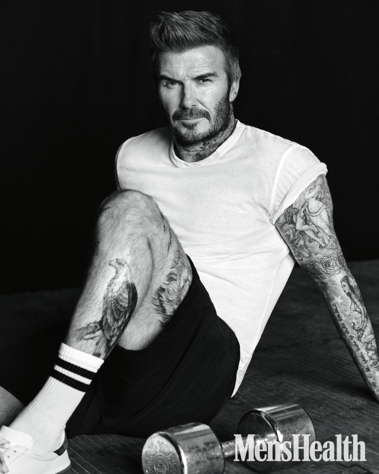 Black and white photo of David Beckham for Men's Health UK.