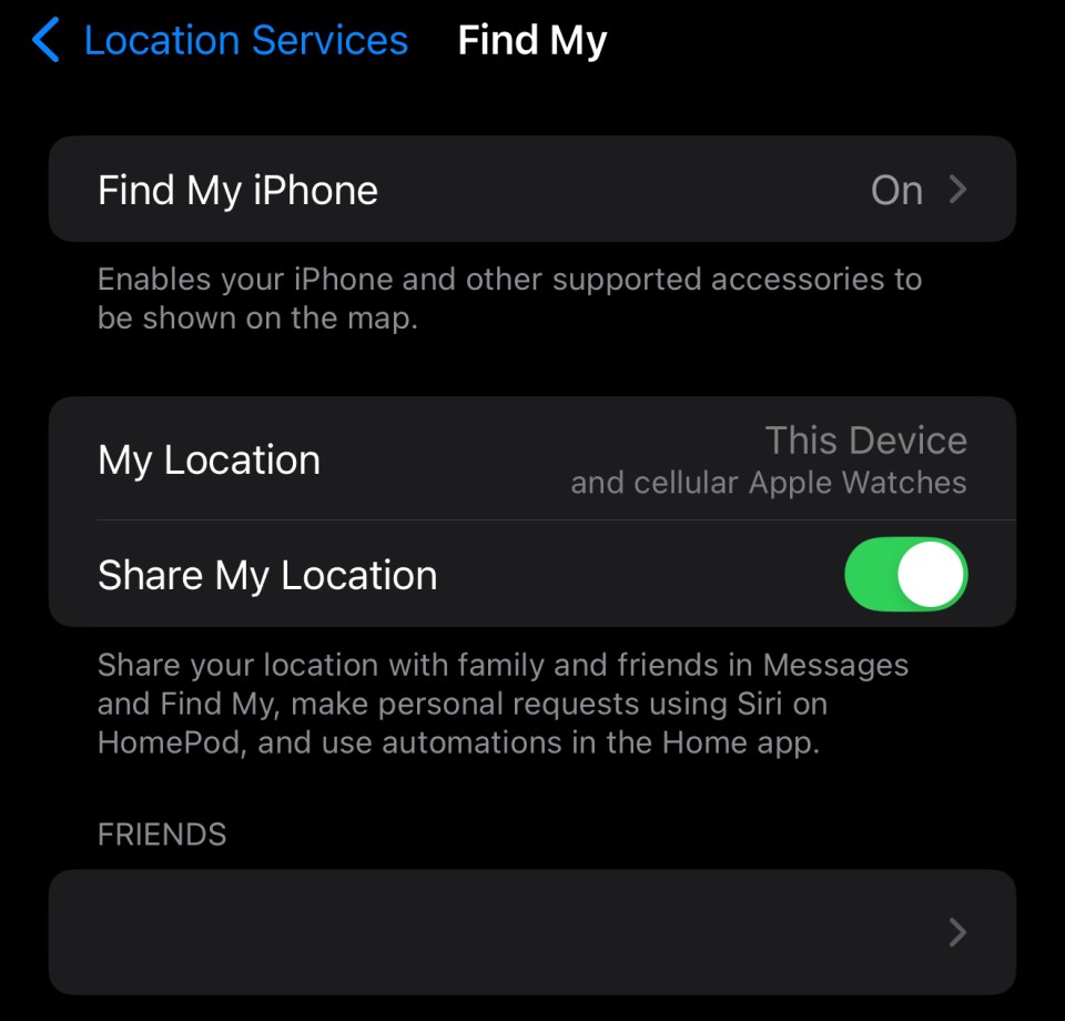 iPhone Find My settings showing location sharing options.