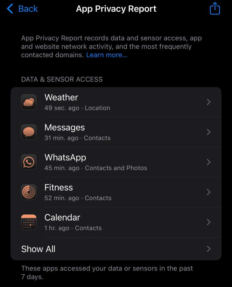 iPhone App Privacy Report showing app data access.