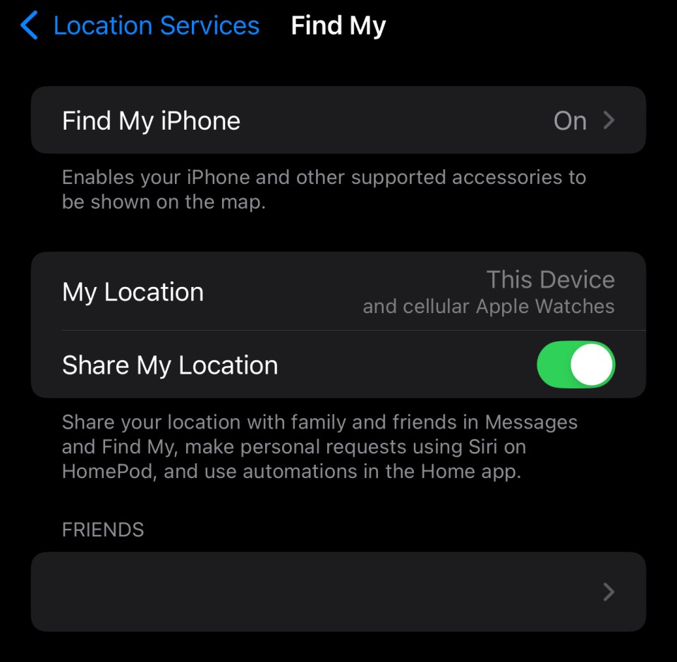 iPhone Find My settings showing location sharing options.