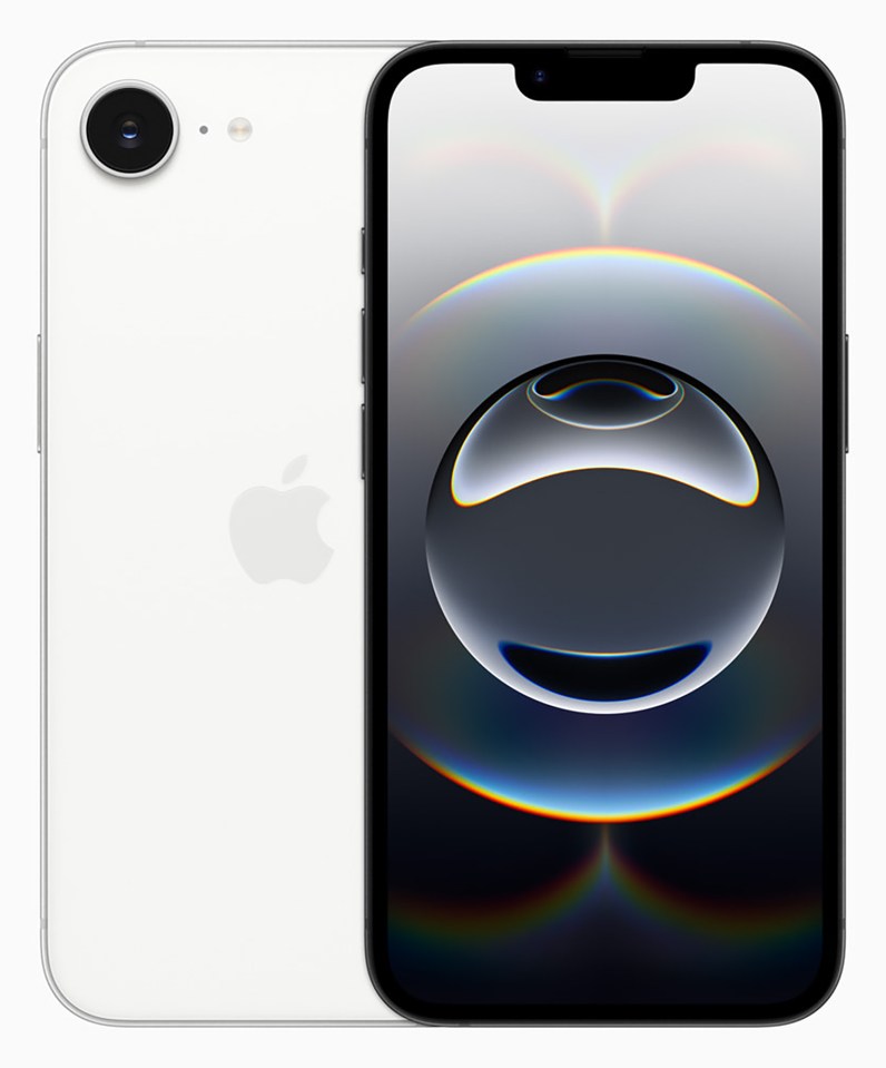 White iPhone 16e shown from both front and back.