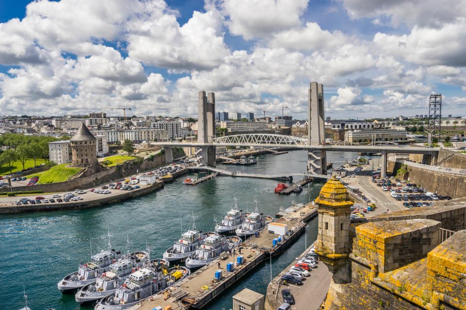 Aerial view of Brest, France, showing the Penfeld River, the Recouverance bridge, the Tanguy tower, and Chateau de Brest.