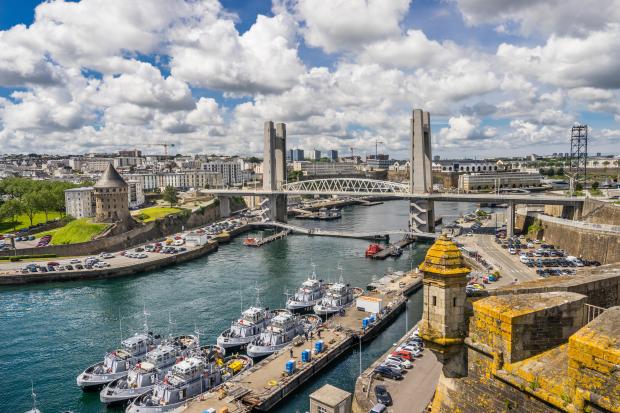 Aerial view of Brest, France, showing the Penfeld River, the Recouverance bridge, the Tanguy tower, and Chateau de Brest.