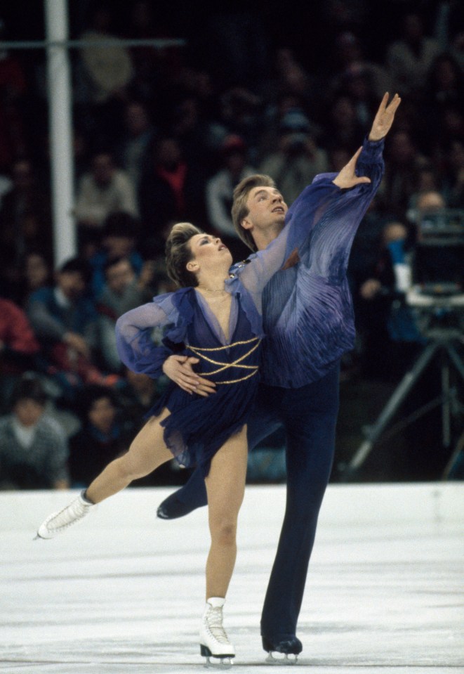 Jayne Torvill and Christopher Dean ice dancing at the Winter Olympics.
