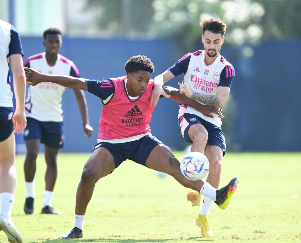 Arsenal players Myles Lewis-Skelly and Fabio Vieira in a training session.