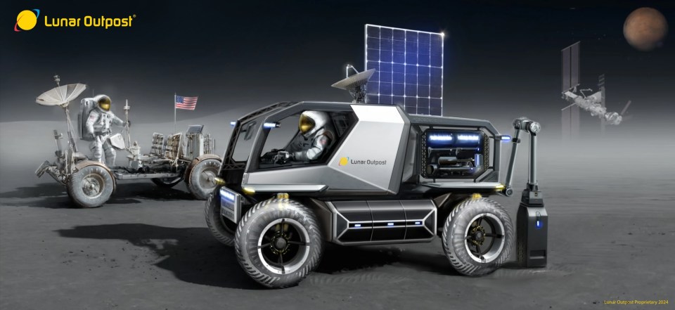 Illustration of a lunar rover with astronauts on the moon.
