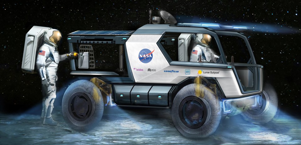 Illustration of a lunar rover with astronauts on the moon.