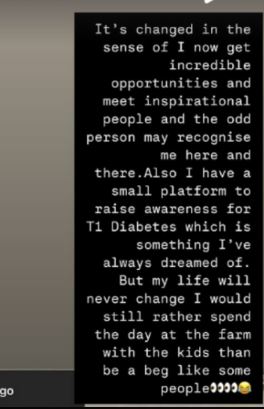 Screenshot of a social media post about the positive changes in the author's life after gaining a platform to raise awareness for T1 Diabetes.