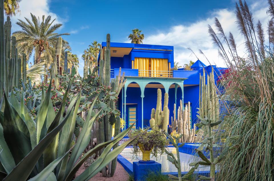 Blue villa in a garden with cacti and other plants.