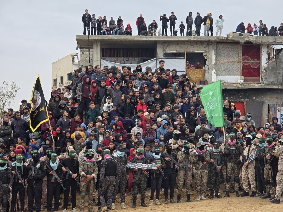 Al-Qassam Brigades members at a prisoner exchange in Khan Yunis, Gaza.