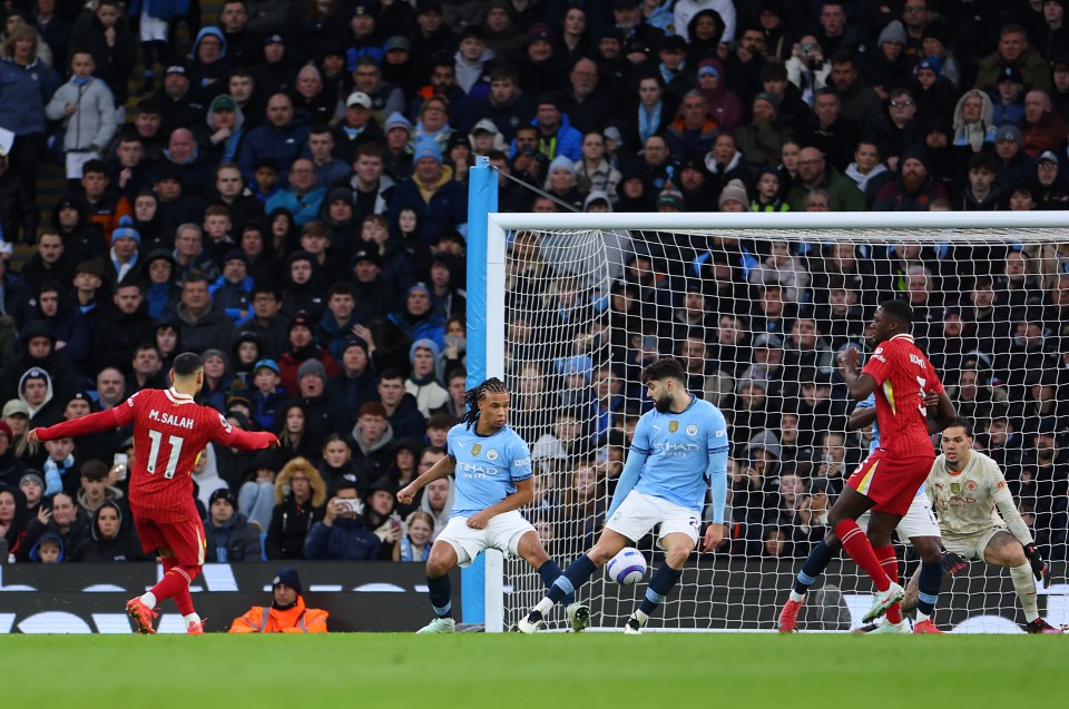 Mohamed Salah scoring a goal for Liverpool.