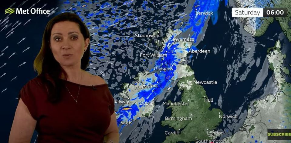 UK Met Office weather presenter with Saturday morning forecast map.