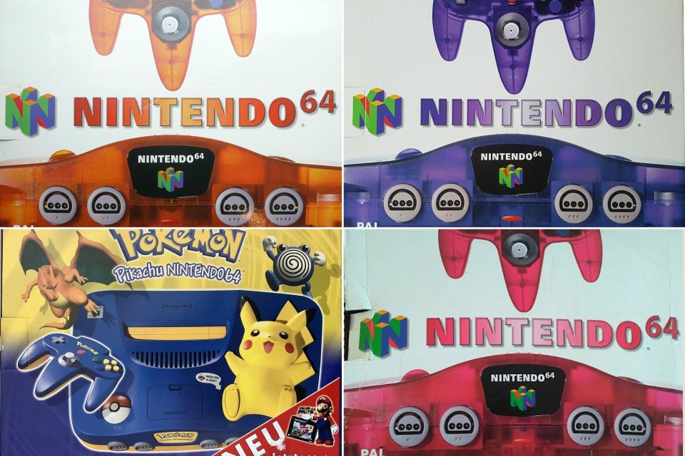 Collage of Nintendo 64 consoles in different colors.