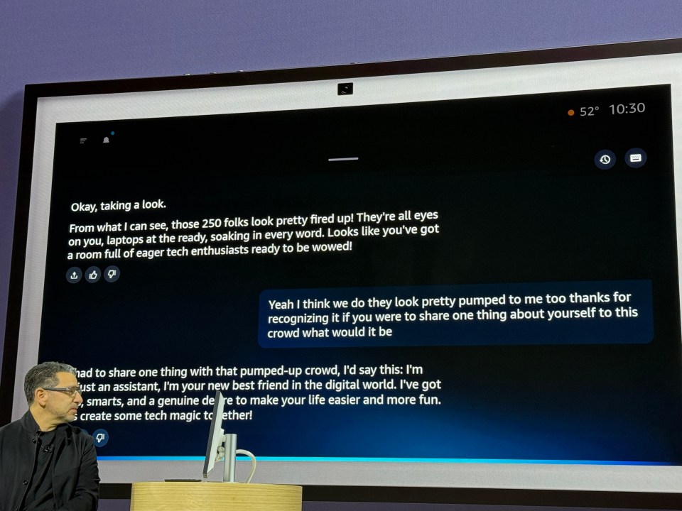 Screenshot of a presentation showing text about a tech event and a speaker.