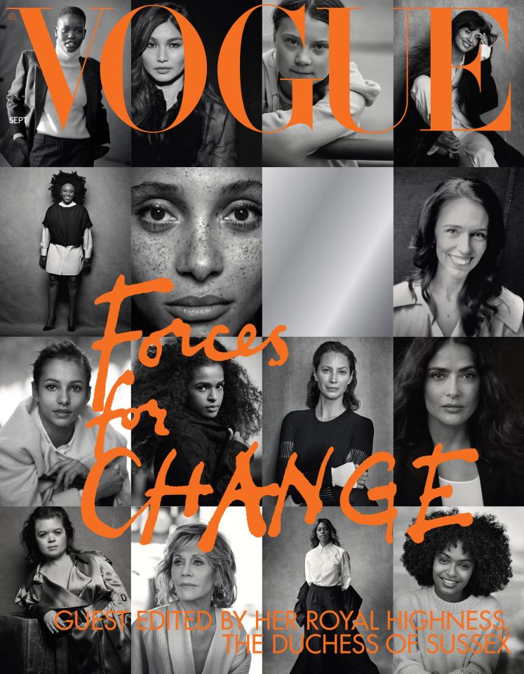 British Vogue September issue cover, guest edited by the Duchess of Sussex, featuring a collage of black and white portraits of women.