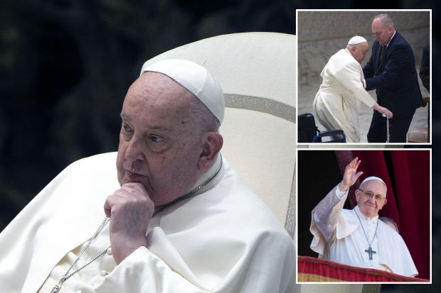 An image collage containing 3 images, Image 1 shows Pope Francis seated, hand to chin, Image 2 shows Pope Francis being assisted by two men, one in a suit and the other in clerical garb, Image 3 shows Pope Francis waving from a balcony