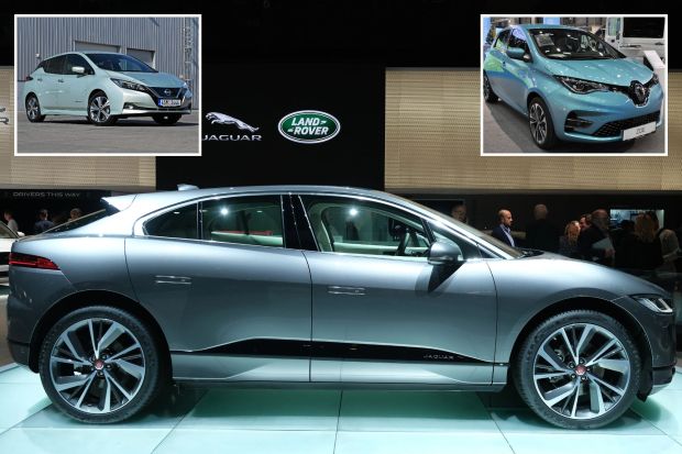 An image collage containing 3 images, Image 1 shows Jaguar I-Pace electric car on display, Image 2 shows A light green Nissan Leaf electric car parked in front of a building, Image 3 shows Light blue Renault ZOE electric car at a car show