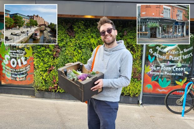 An image collage containing 3 images, Image 1 shows Man holding a box of produce in front of a building with a green wall, Image 2 shows Royal Mills in New Islington, Manchester, with a narrowboat on a canal, Image 3 shows Restaurants and cafes on Burton Road, Manchester