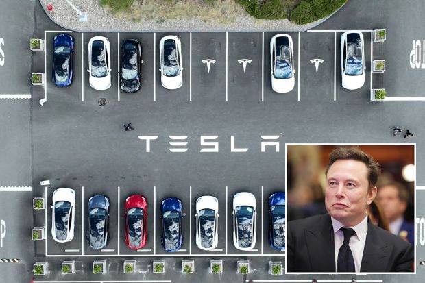 An image collage containing 2 images, Image 1 shows Aerial view of Tesla cars parked in a lot, forming the Tesla logo, Image 2 shows Elon Musk at a House Republicans Conference meeting