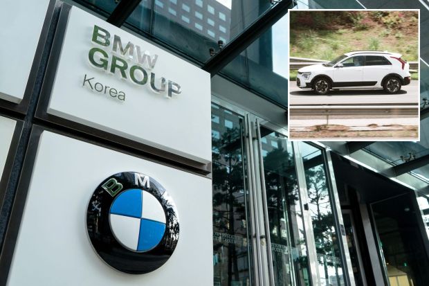 An image collage containing 2 images, Image 1 shows BMW Group Korea headquarters in downtown Seoul, Image 2 shows White Kia Niro driving on a highway