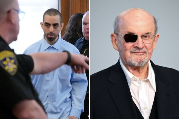An image collage containing 2 images, Image 1 shows Hadi Matar escorted from a courtroom, Image 2 shows Salman Rushdie at a press conference