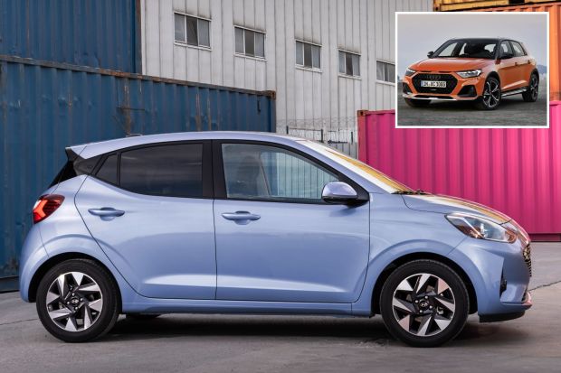 An image collage containing 2 images, Image 1 shows Light blue Hyundai Grand i10 parked near shipping containers, Image 2 shows Orange Audi A1 Citycarver parked on a paved surface