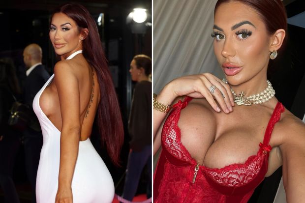 An image collage containing 2 images, Image 1 shows Chloe Ferry at the SUMOTHERHOOD World Premiere, Image 2 shows Chloe Ferry in a red lace corset