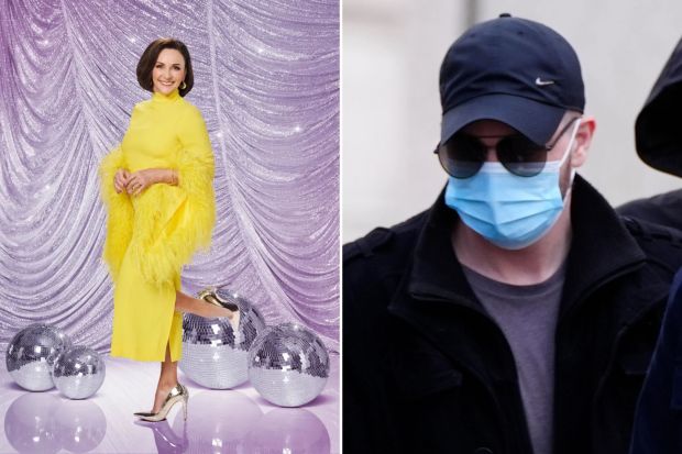 An image collage containing 2 images, Image 1 shows Woman in yellow dress and feather boa poses with disco balls, Image 2 shows Kyle Shaw arriving at Liverpool Crown Court