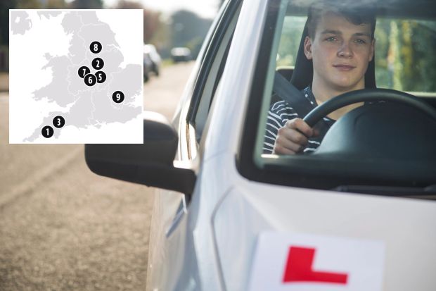An image collage containing 2 images, Image 1 shows Teenage boy driving car with L-plates, Image 2 shows Illustration of UK map highlighting top 10 hardest places to pass driving test, with pass rates