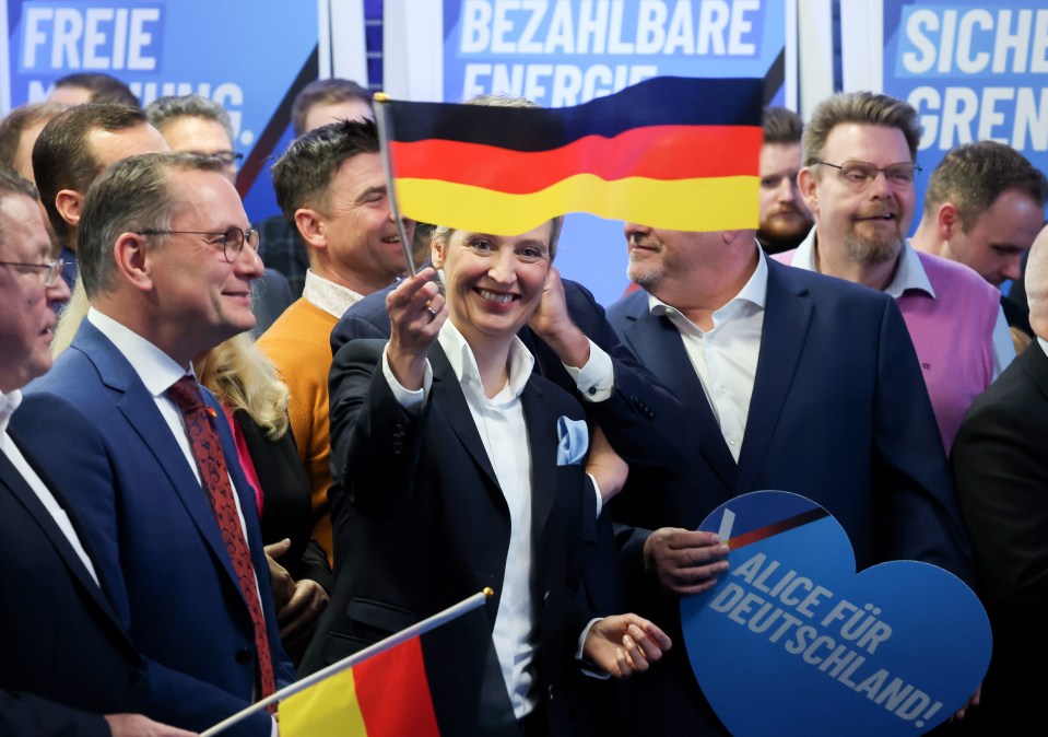Alice Weidel, AfD party co-chairwoman, holding a German flag at an election event.