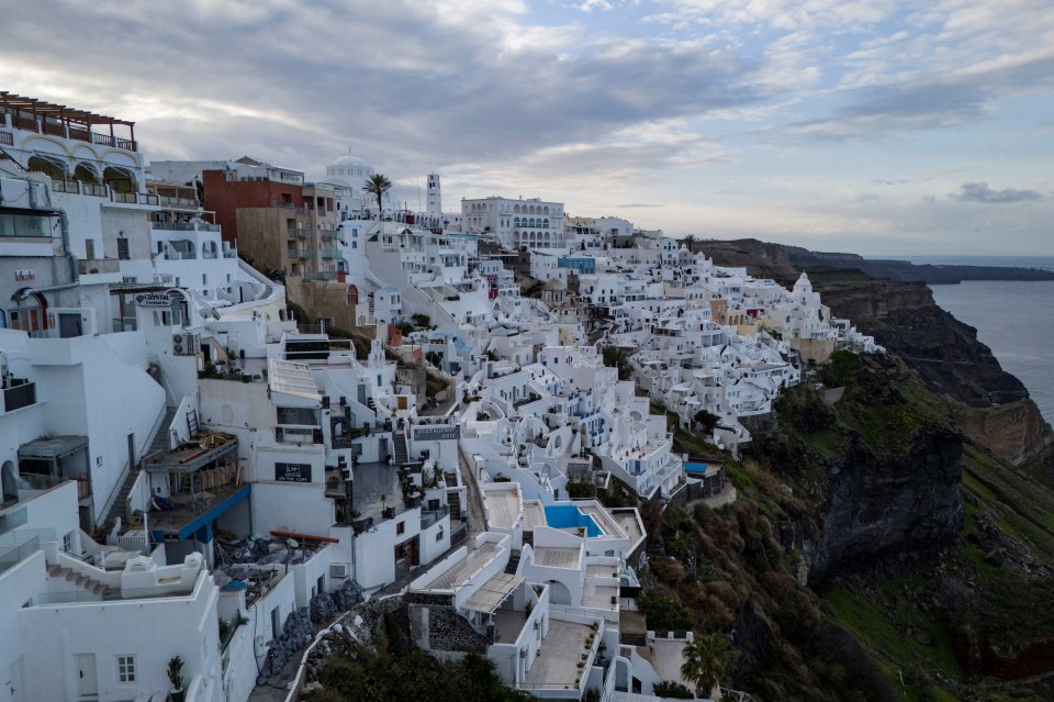 Aerial view of Fira town, Santorini, Greece.
