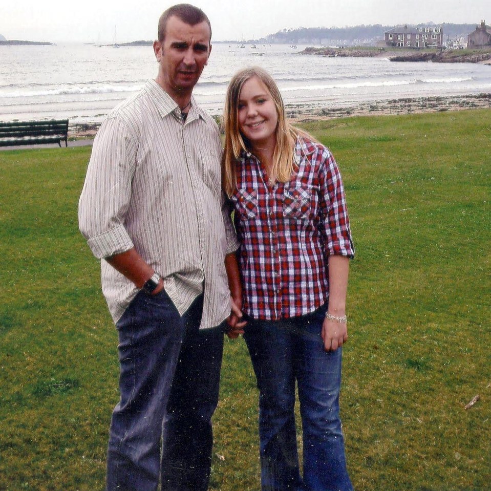 Photo of a man and a girl holding hands outdoors.