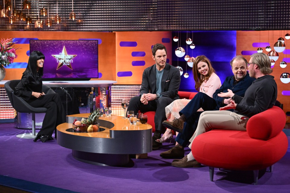 Claudia Winkleman and guests Chris Pratt, Saoirse-Monica Jackson, Toby Jones, and Rob Beckett on The Graham Norton Show.