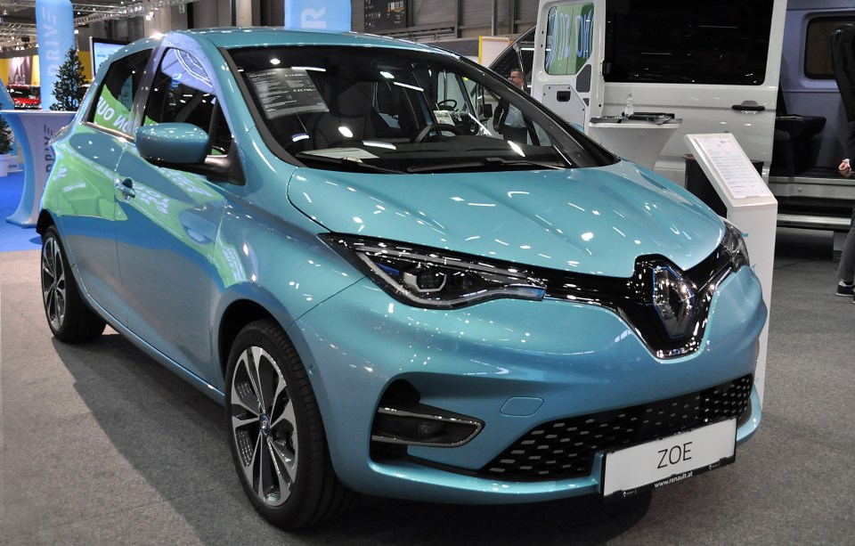 Light blue Renault ZOE electric car at a car show.