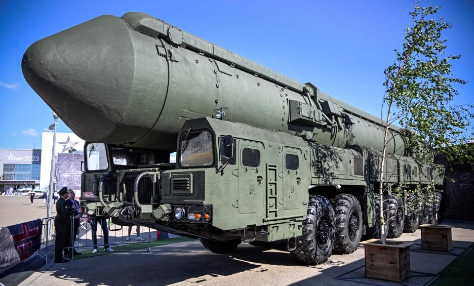 Russian Yars intercontinental ballistic missile launcher on display.