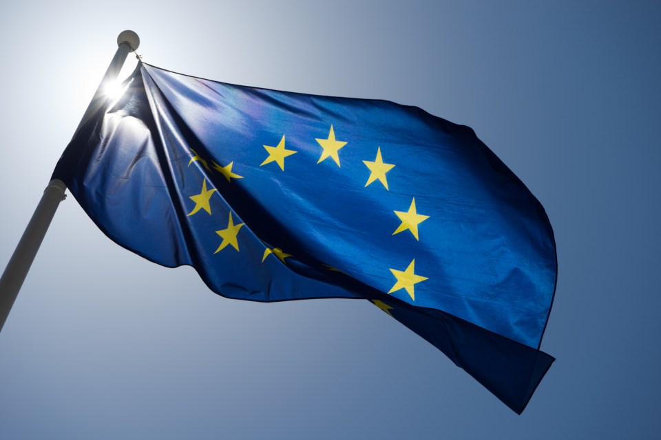 European Union flag blowing in the wind.