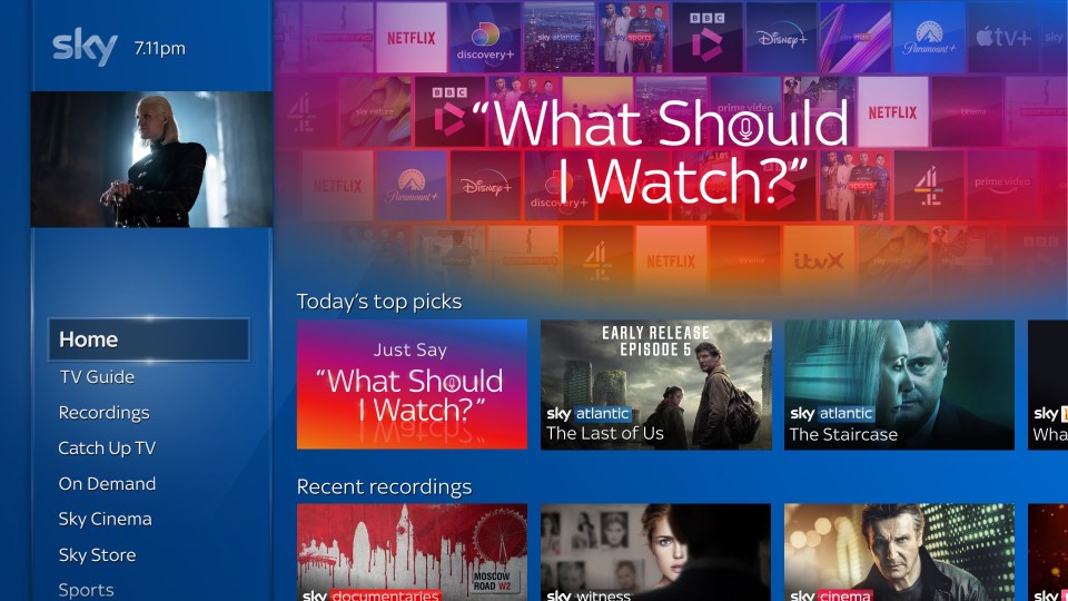 Sky TV guide interface showing program options and recommendations.