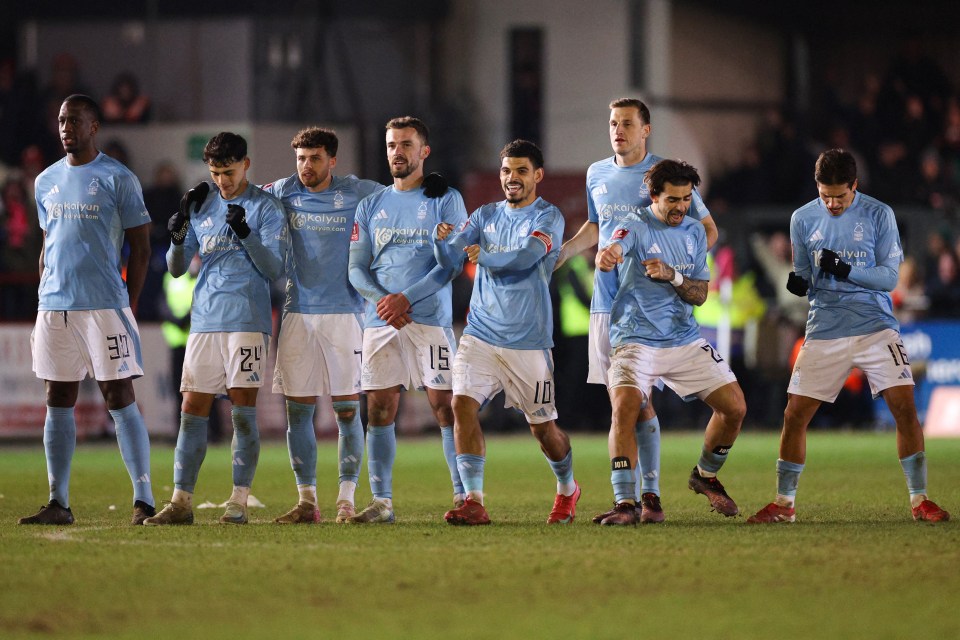 Morgan Gibbs-White, centre, leads Forest in a mixture of joy and relief