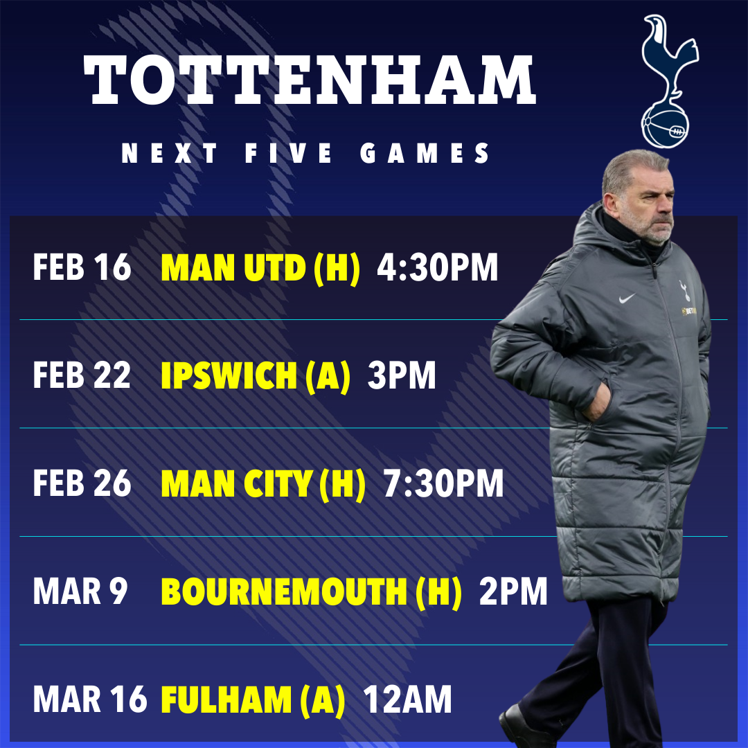 Tottenham's next five games schedule.